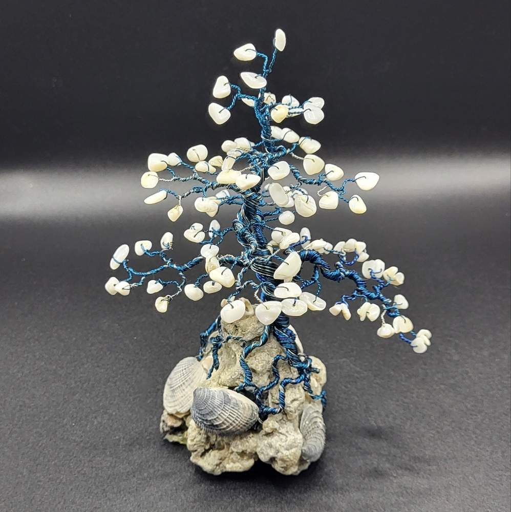 Beach Coastal Decor Blue Bonsai Wire Tree with White Stones and shells